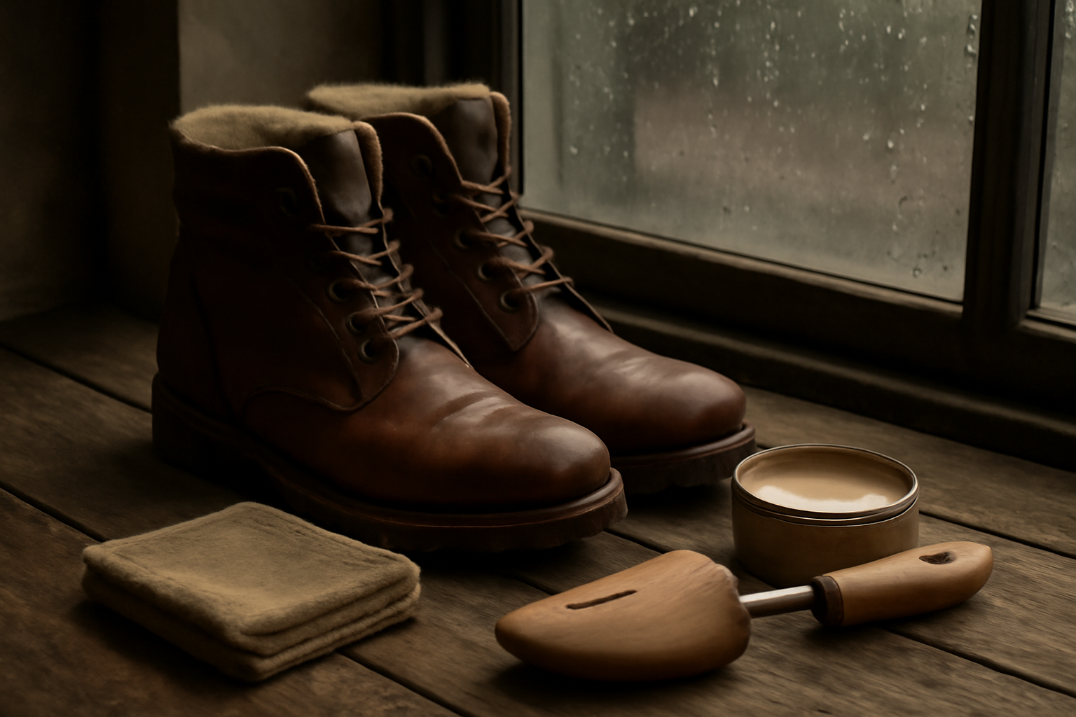 Sepatu boot kulit cokelat dan perlengkapan perawatannya di dekat jendela saat hujan