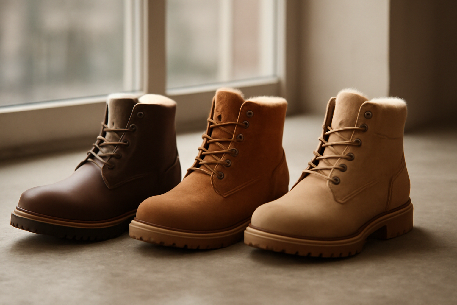 Tiga sepatu boot musim dingin berbahan kulit, suede, dan nubuck berjajar di lantai beton